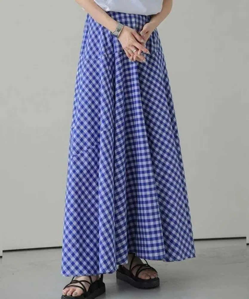 Womens Plaid Maxi Skirt High Waist A-Line Elastic Waist Skirt Summer Casual Pleated Swing Flowy Long Skirts