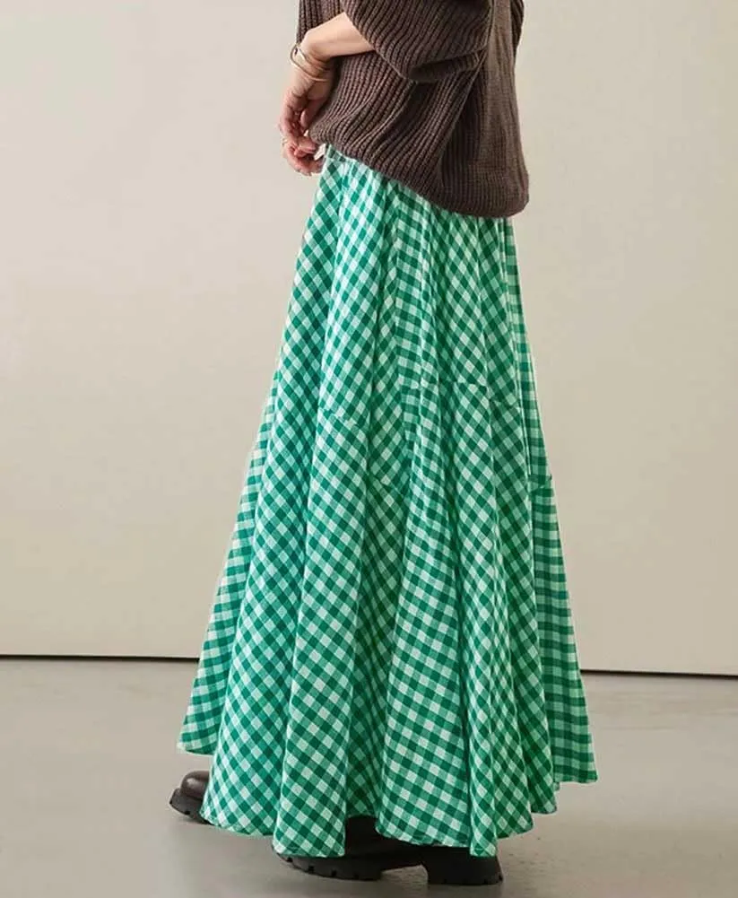 Womens Plaid Maxi Skirt High Waist A-Line Elastic Waist Skirt Summer Casual Pleated Swing Flowy Long Skirts