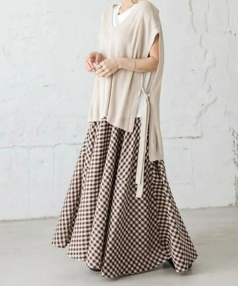 Womens Plaid Maxi Skirt High Waist A-Line Elastic Waist Skirt Summer Casual Pleated Swing Flowy Long Skirts