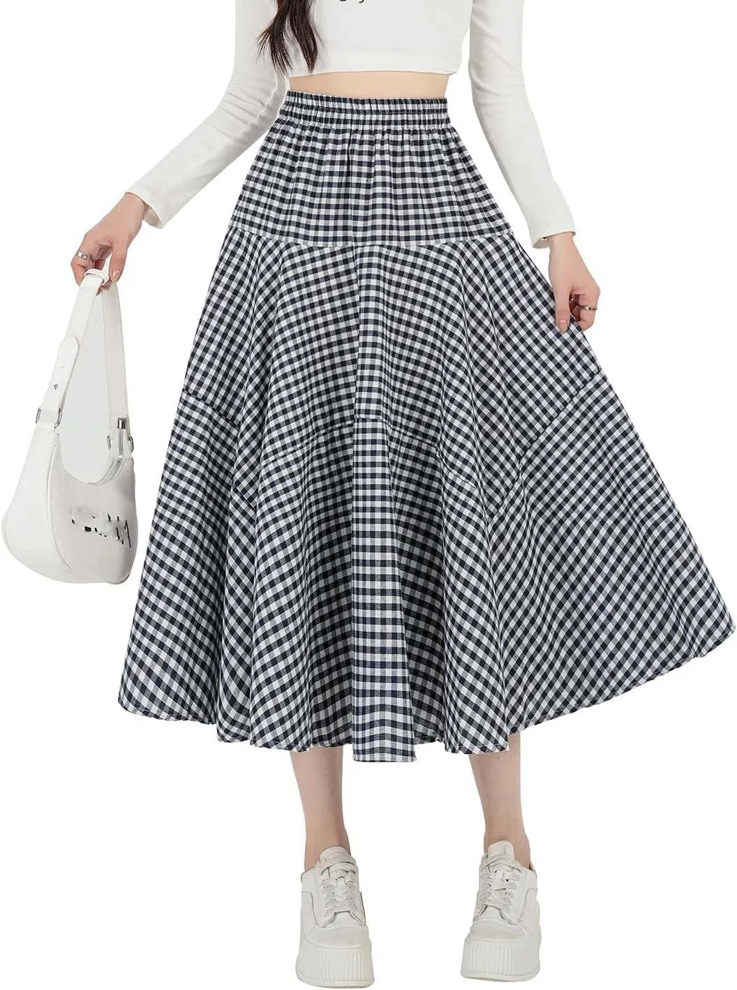 Womens Plaid Midi Skirt High Waist A-Line Elastic Waist Skirt Summer Casual Pleated Swing Flowy Long Skirts