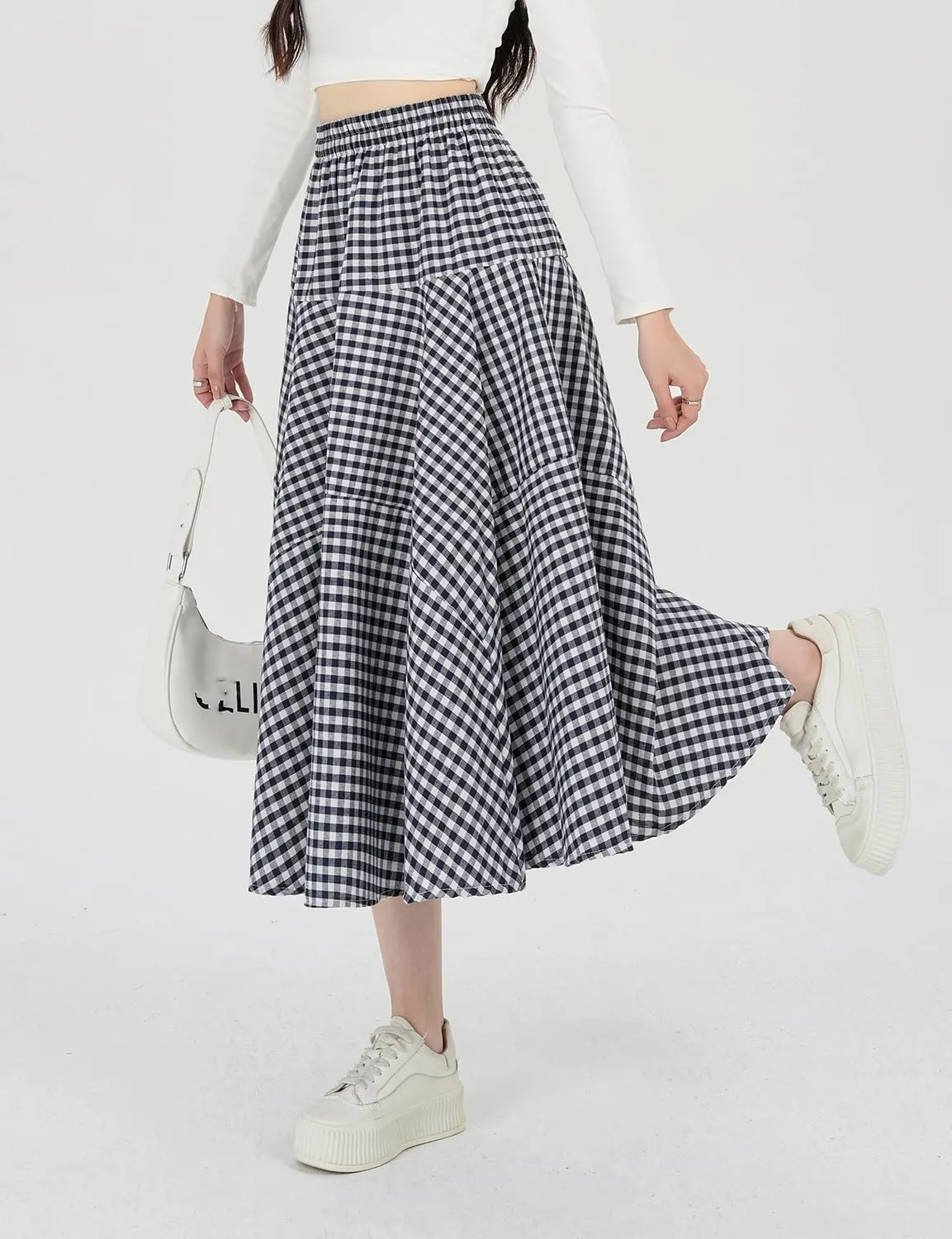 Womens Plaid Midi Skirt High Waist A-Line Elastic Waist Skirt Summer Casual Pleated Swing Flowy Long Skirts