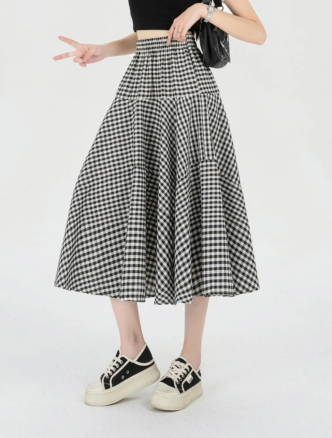 Womens Plaid Midi Skirt High Waist A-Line Elastic Waist Skirt Summer Casual Pleated Swing Flowy Long Skirts