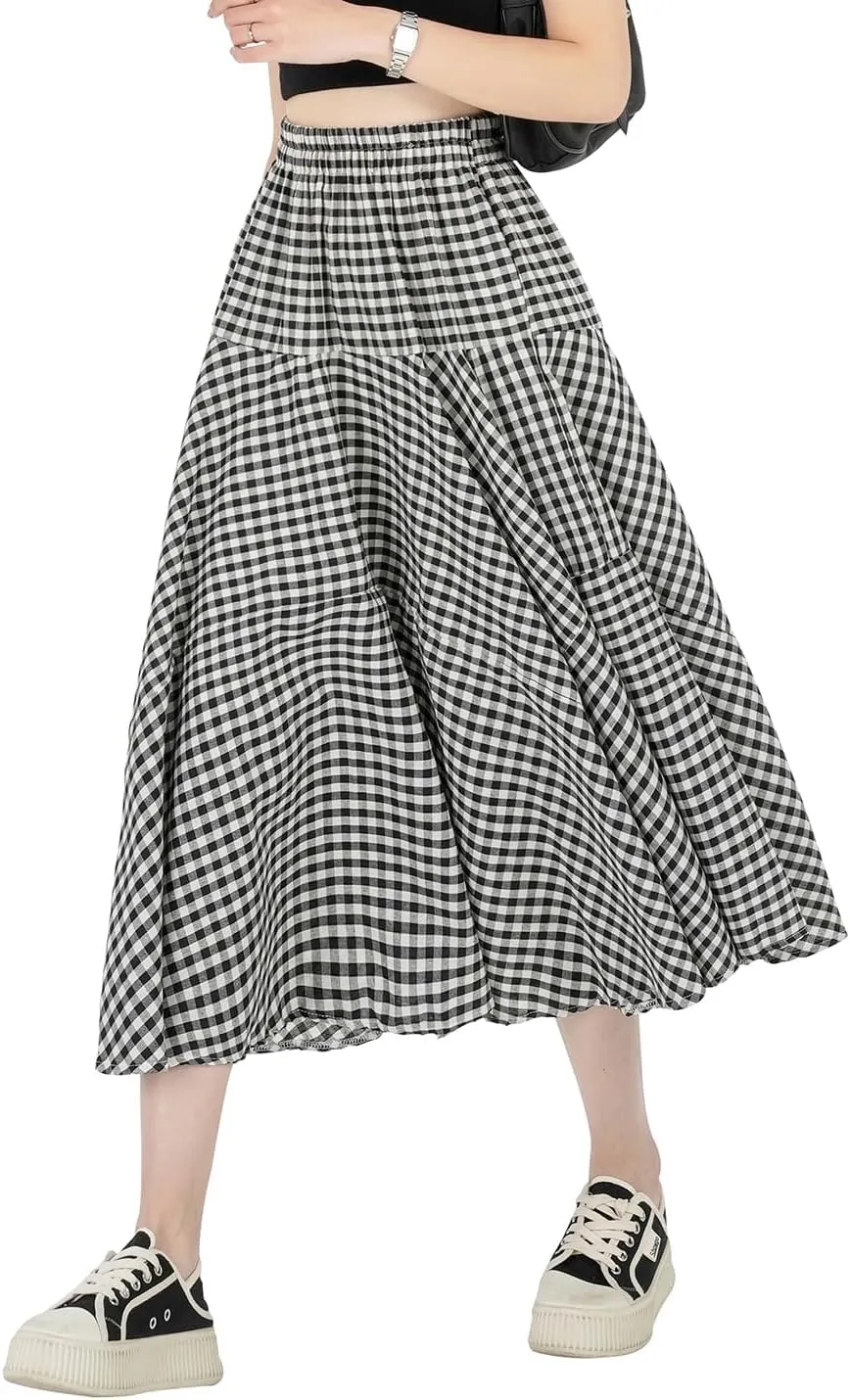 Womens Plaid Midi Skirt High Waist A-Line Elastic Waist Skirt Summer Casual Pleated Swing Flowy Long Skirts