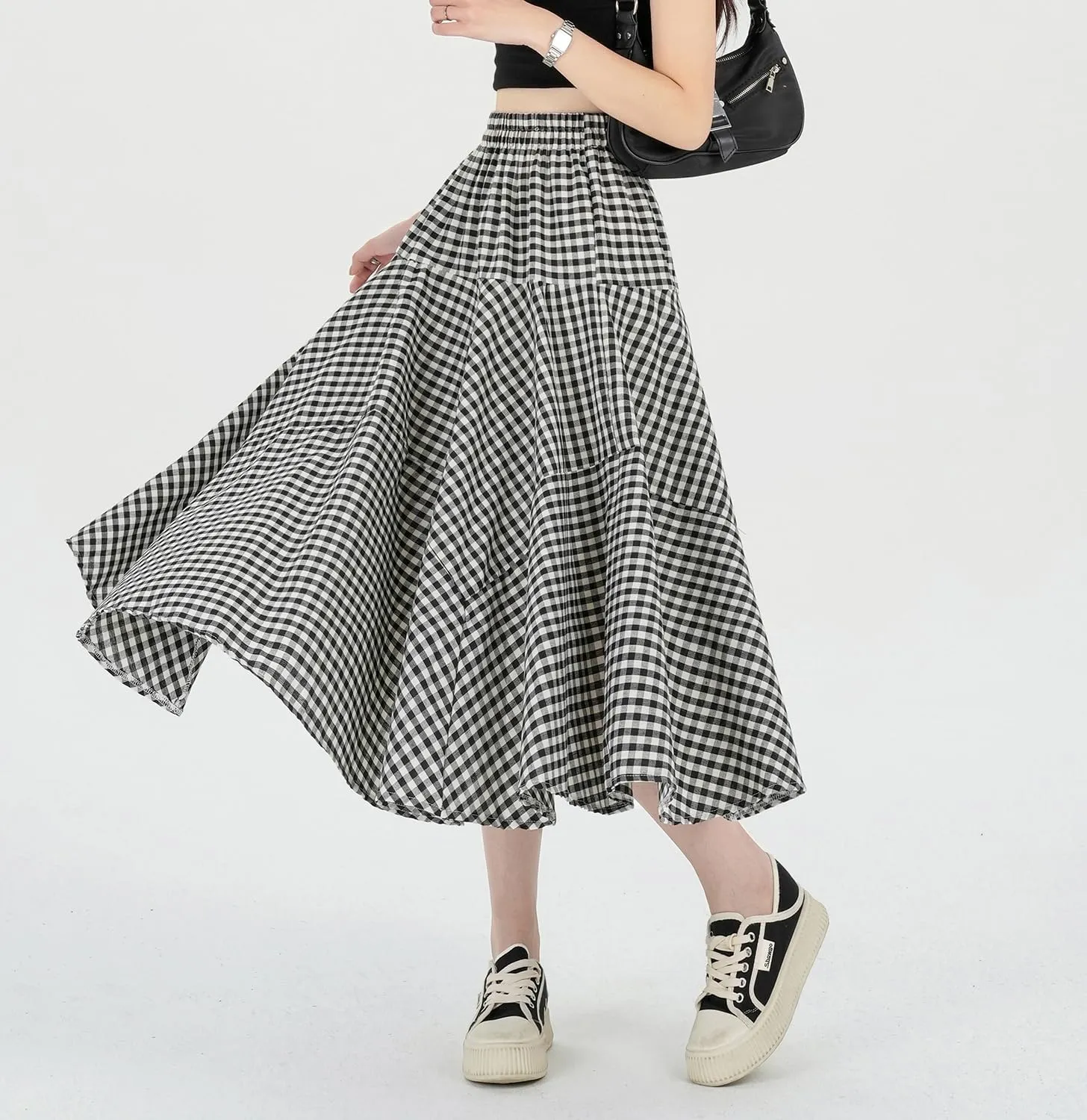 Womens Plaid Midi Skirt High Waist A-Line Elastic Waist Skirt Summer Casual Pleated Swing Flowy Long Skirts