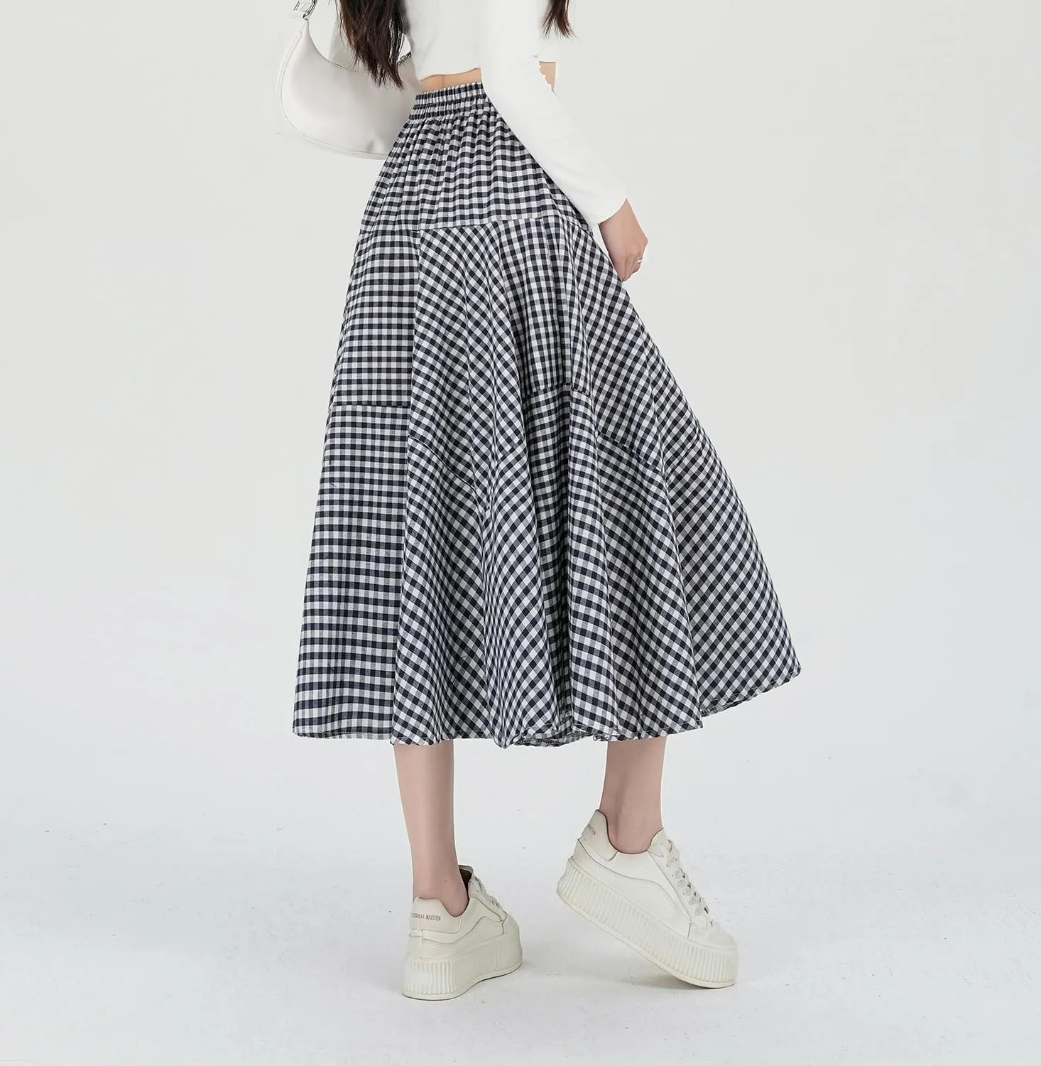 Womens Plaid Midi Skirt High Waist A-Line Elastic Waist Skirt Summer Casual Pleated Swing Flowy Long Skirts