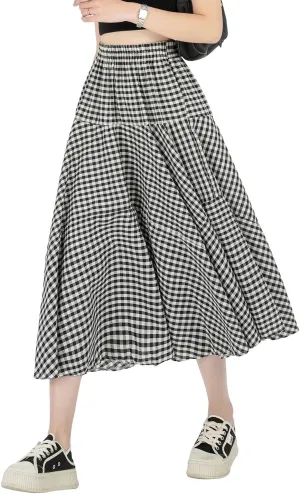 Womens Plaid Midi Skirt High Waist A-Line Elastic Waist Skirt Summer Casual Pleated Swing Flowy Long Skirts