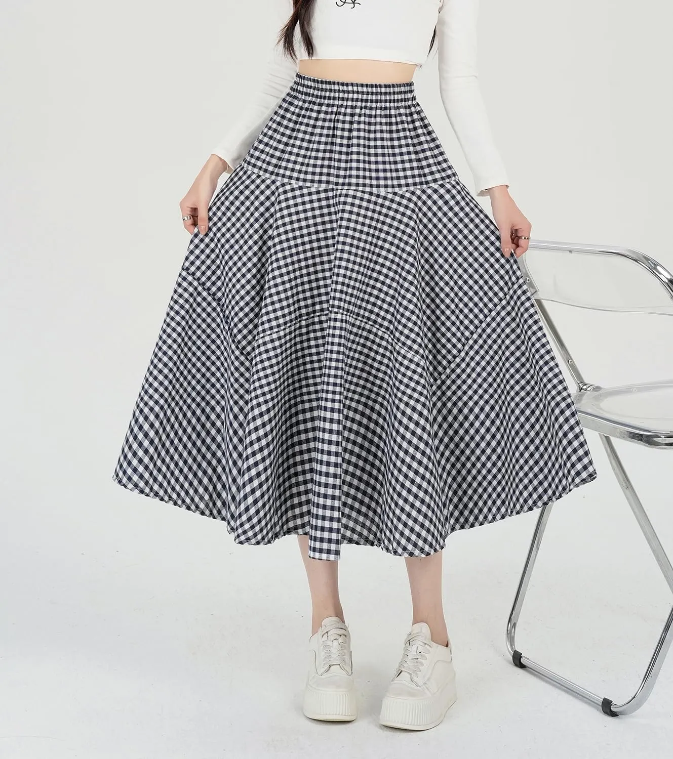 Womens Plaid Midi Skirt High Waist A-Line Elastic Waist Skirt Summer Casual Pleated Swing Flowy Long Skirts