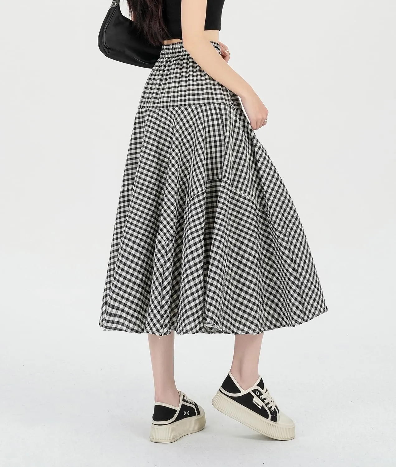 Womens Plaid Midi Skirt High Waist A-Line Elastic Waist Skirt Summer Casual Pleated Swing Flowy Long Skirts