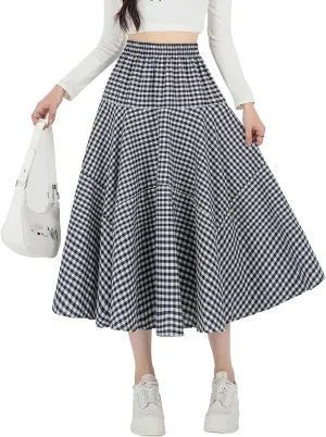 Womens Plaid Midi Skirt High Waist A-Line Elastic Waist Skirt Summer Casual Pleated Swing Flowy Long Skirts