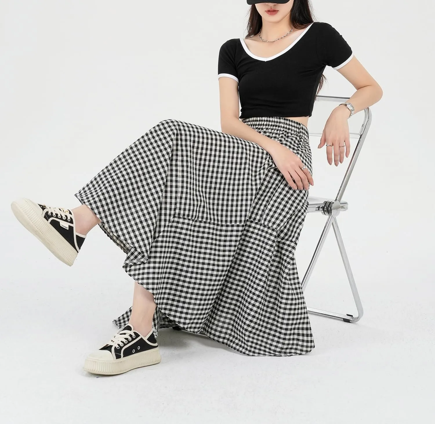 Womens Plaid Midi Skirt High Waist A-Line Elastic Waist Skirt Summer Casual Pleated Swing Flowy Long Skirts