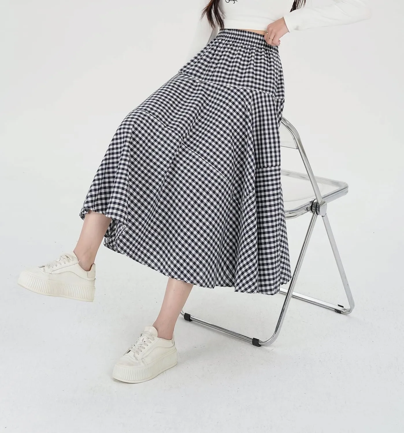 Womens Plaid Midi Skirt High Waist A-Line Elastic Waist Skirt Summer Casual Pleated Swing Flowy Long Skirts