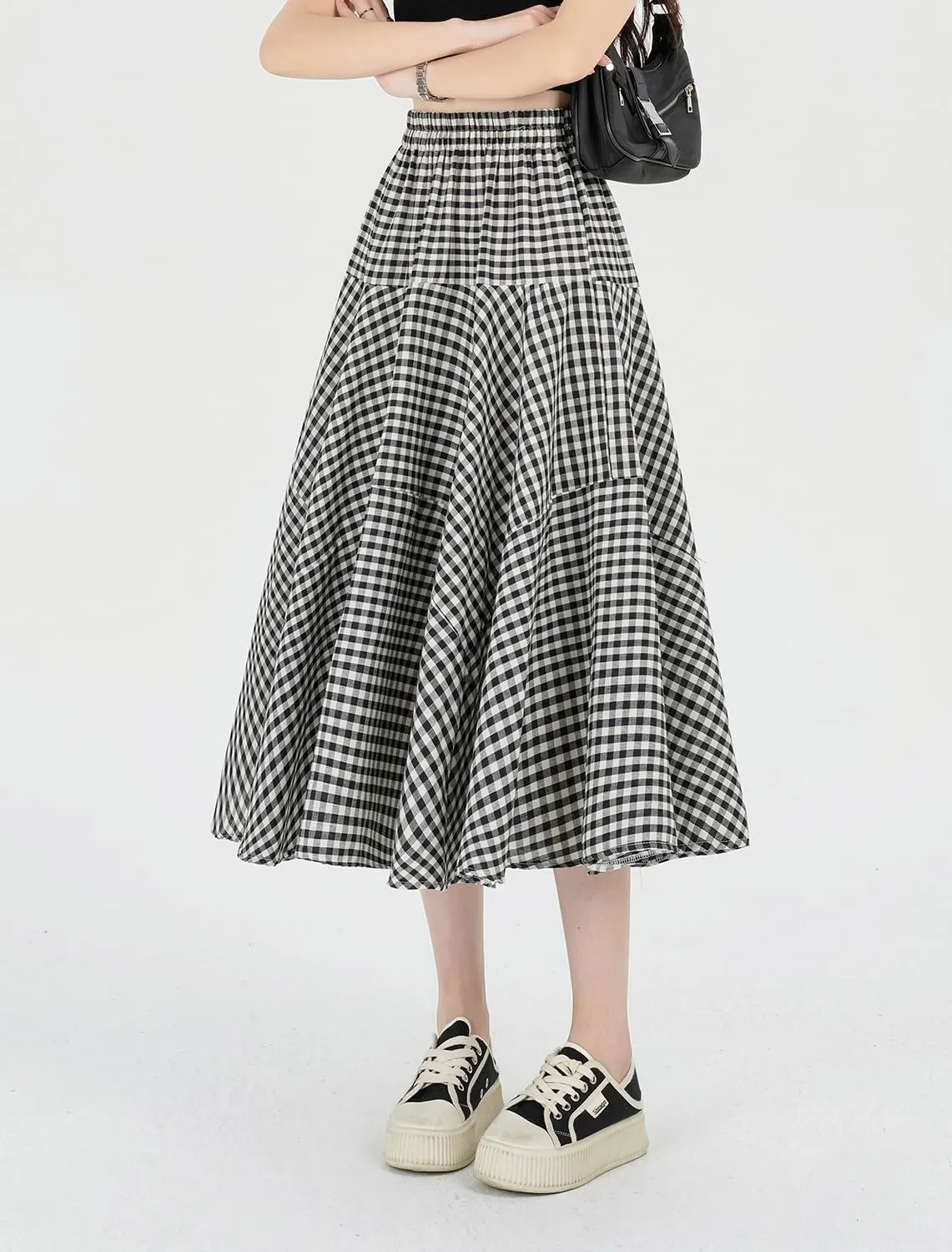 Womens Plaid Midi Skirt High Waist A-Line Elastic Waist Skirt Summer Casual Pleated Swing Flowy Long Skirts