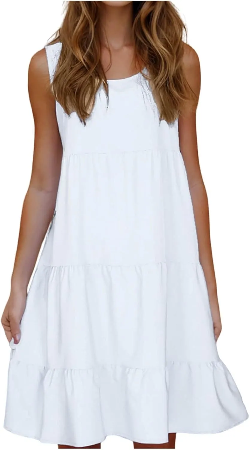 Womens Ruffle Tiered Swing Dresses Sleeveless Boho Tank Sundress Summer Casual A Line Mini Dress for Beach Vacation