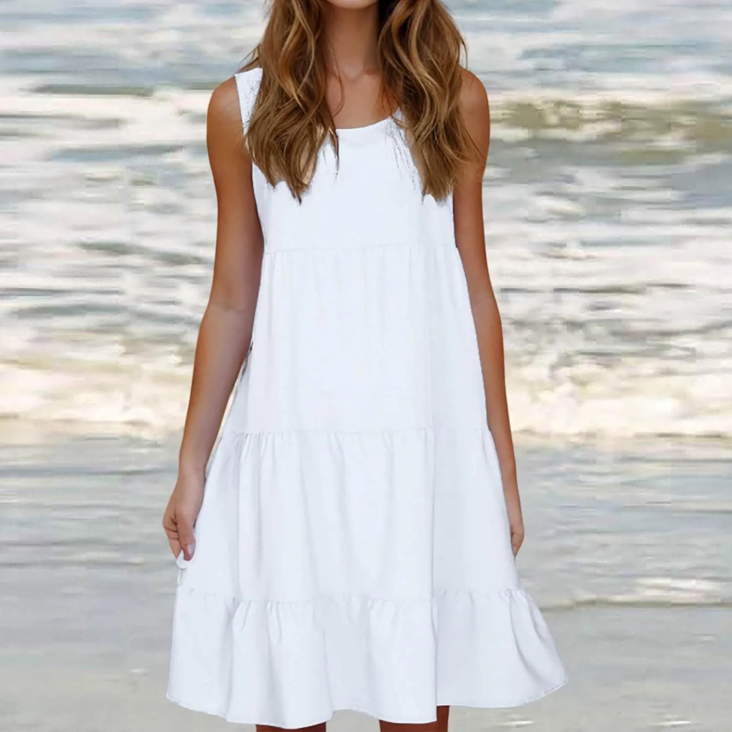 Womens Ruffle Tiered Swing Dresses Sleeveless Boho Tank Sundress Summer Casual A Line Mini Dress for Beach Vacation