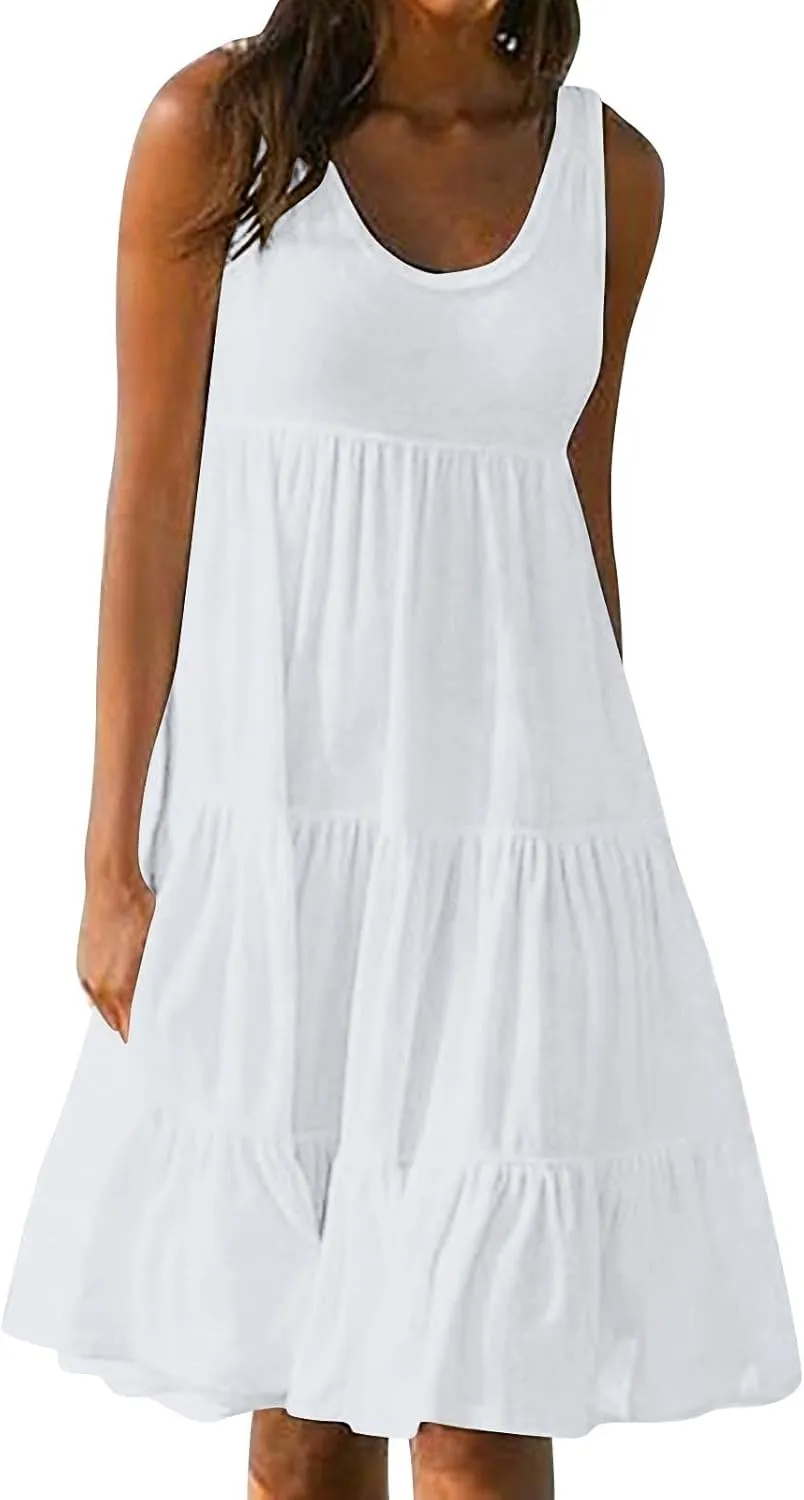 Womens Ruffle Tiered Swing Dresses Sleeveless Boho Tank Sundress Summer Casual A Line Mini Dress for Beach Vacation
