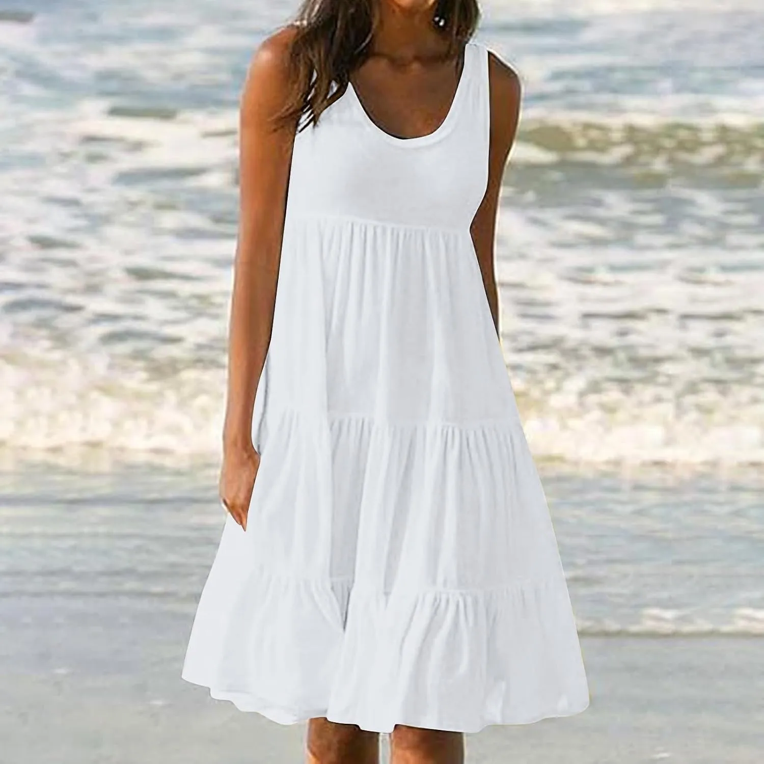 Womens Ruffle Tiered Swing Dresses Sleeveless Boho Tank Sundress Summer Casual A Line Mini Dress for Beach Vacation