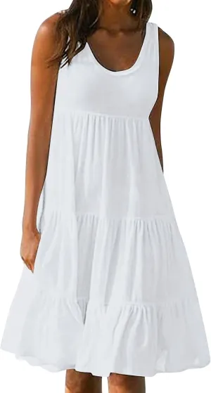 Womens Ruffle Tiered Swing Dresses Sleeveless Boho Tank Sundress Summer Casual A Line Mini Dress for Beach Vacation