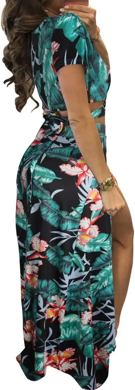 Womens Sexy 2 Piece Outfits Floral Print V Neck Crop Top and High Split Maxi Skirt Sets