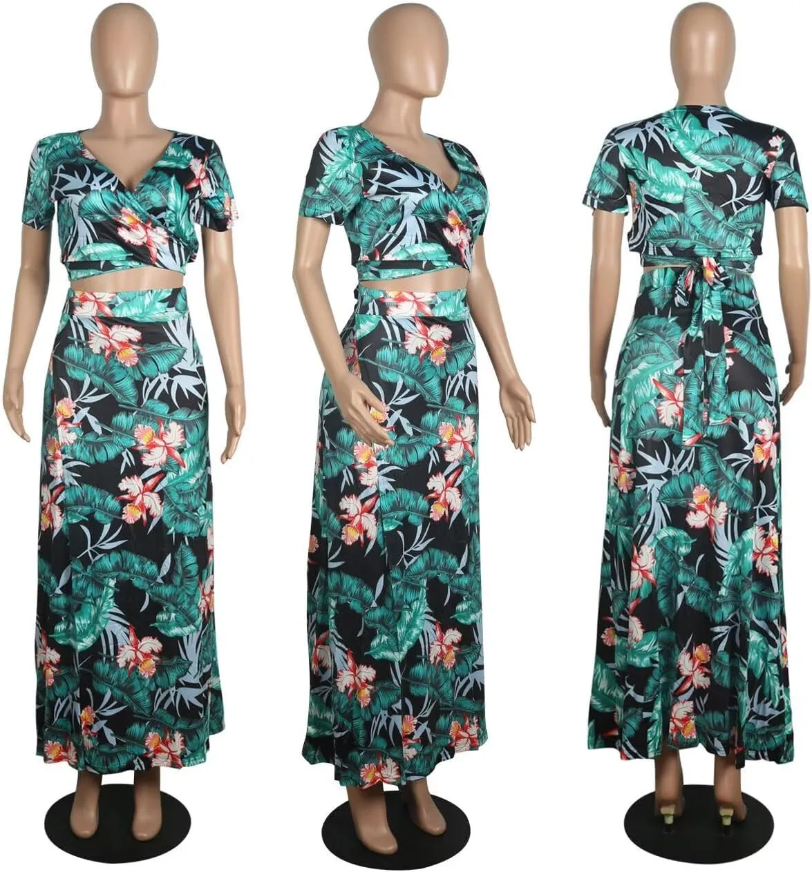Womens Sexy 2 Piece Outfits Floral Print V Neck Crop Top and High Split Maxi Skirt Sets