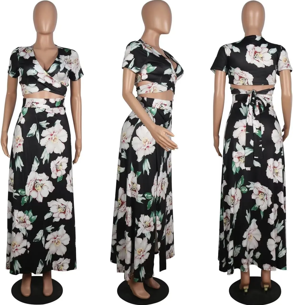 Womens Sexy 2 Piece Outfits Floral Print V Neck Crop Top and High Split Maxi Skirt Sets