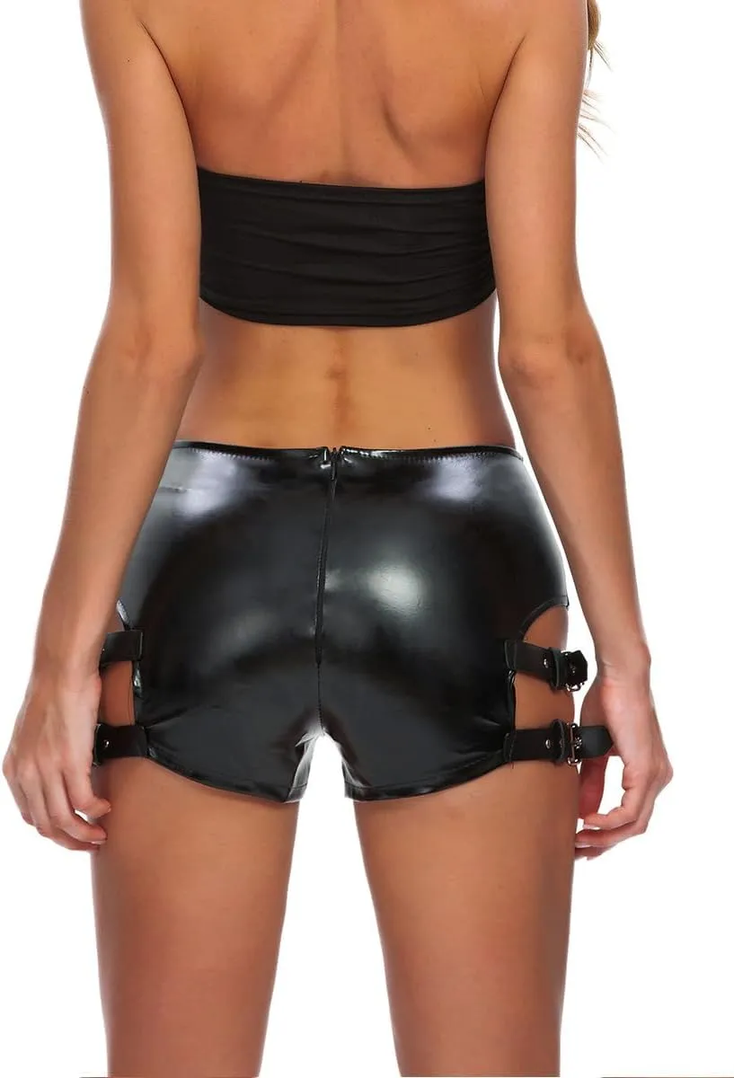 Womens Sexy High-Waisted Faux Leather Shorts Black PU Leather