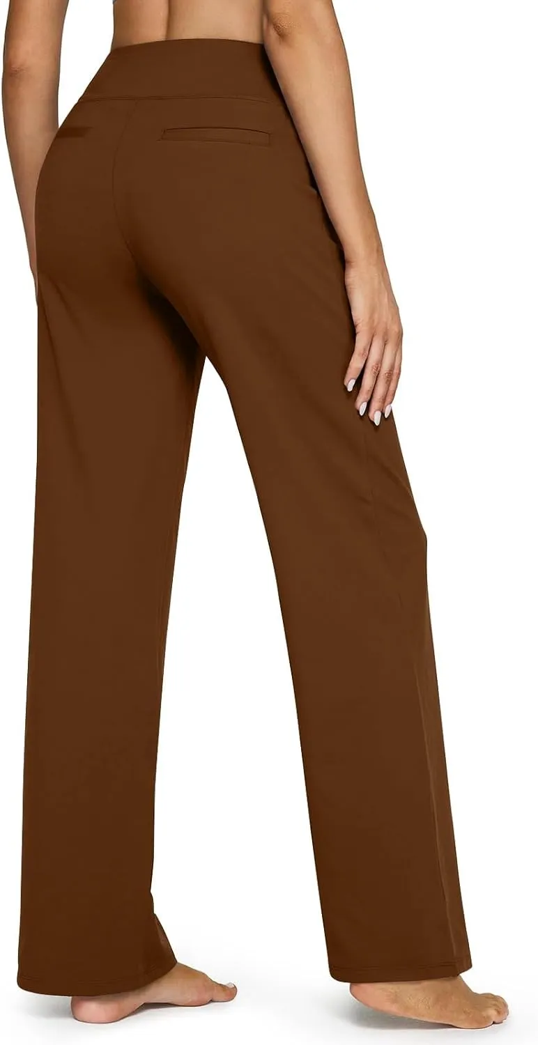 Women's Straight Leg Yoga Pants with Pockets High Waist Office Work Stretch Dress Pants Baggy Trouser Sweatpants