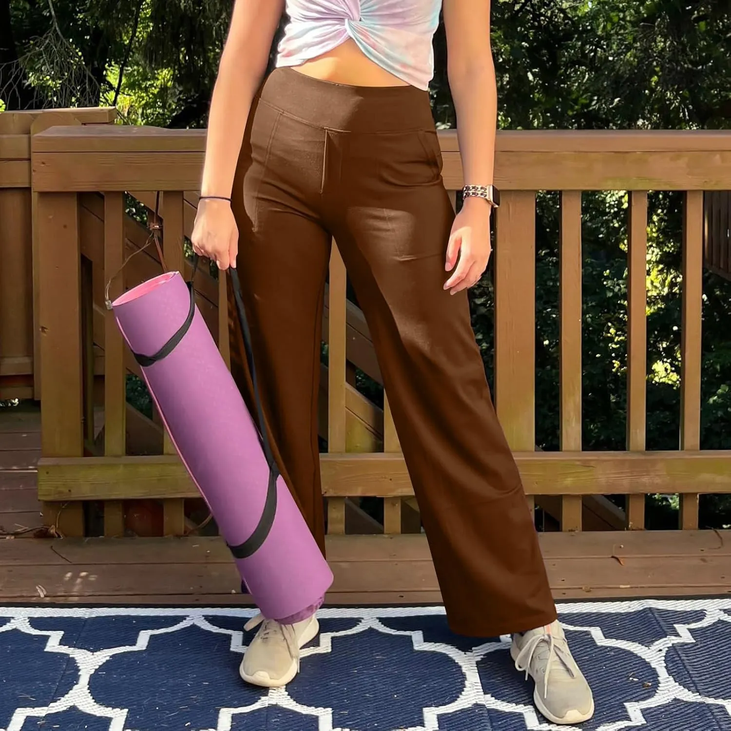 Women's Straight Leg Yoga Pants with Pockets High Waist Office Work Stretch Dress Pants Baggy Trouser Sweatpants