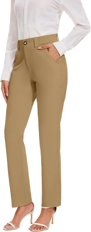 Women's Stretch Business Straight Leg Dress Pants with Pockets Wear to Work Casual Suitpants