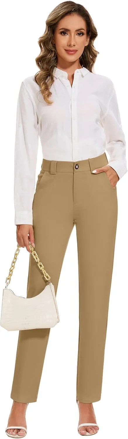 Women's Stretch Business Straight Leg Dress Pants with Pockets Wear to Work Casual Suitpants