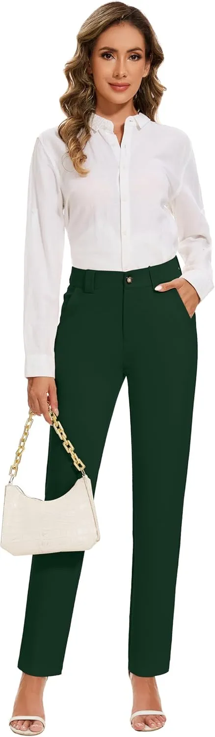 Women's Stretch Business Straight Leg Dress Pants with Pockets Wear to Work Casual Suitpants