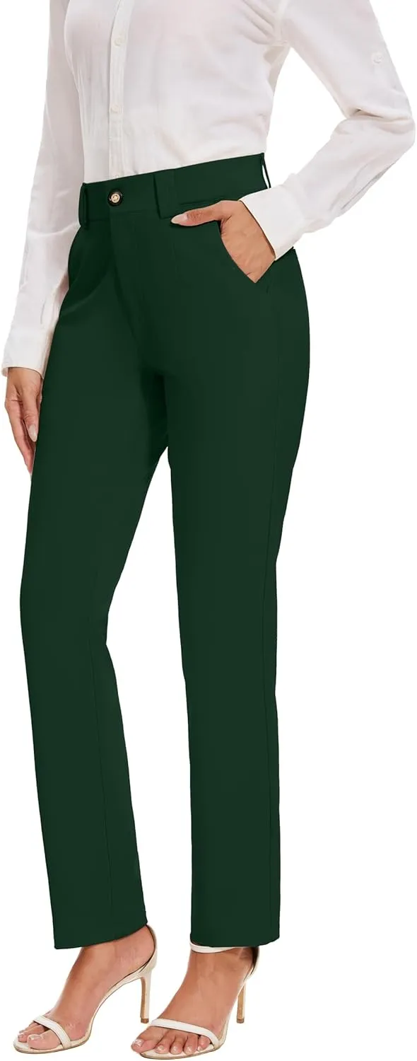 Women's Stretch Business Straight Leg Dress Pants with Pockets Wear to Work Casual Suitpants