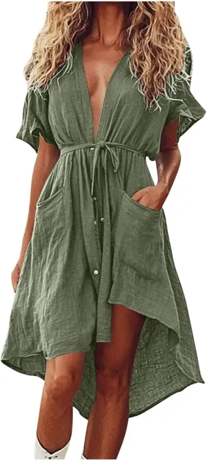 Womens Summer Button Down Shirt Dress Casual Floral Short Sleeve Sexy V Neck Midi Dress Tie Waist High Low Sundress