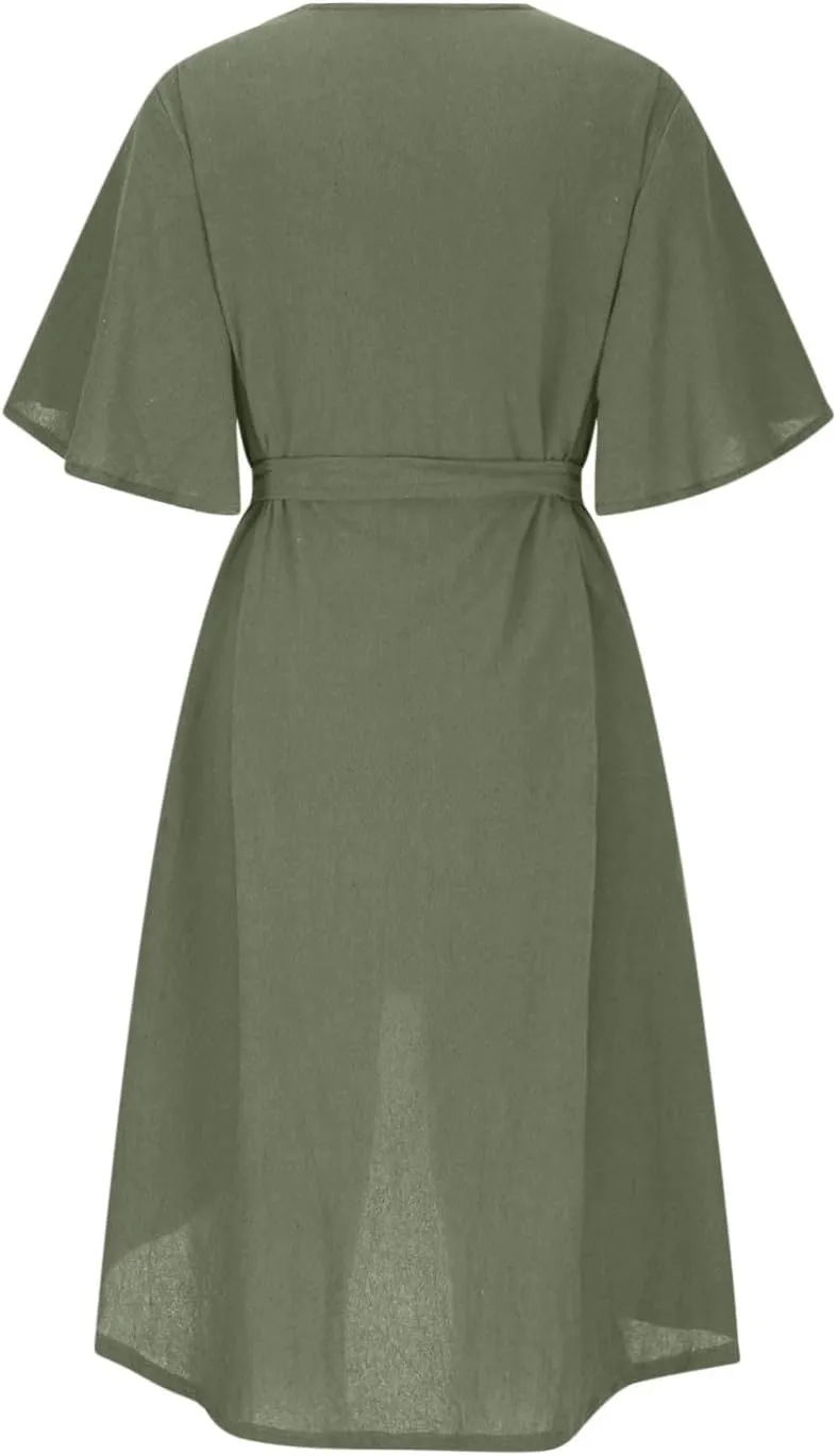Womens Summer Button Down Shirt Dress Casual Floral Short Sleeve Sexy V Neck Midi Dress Tie Waist High Low Sundress