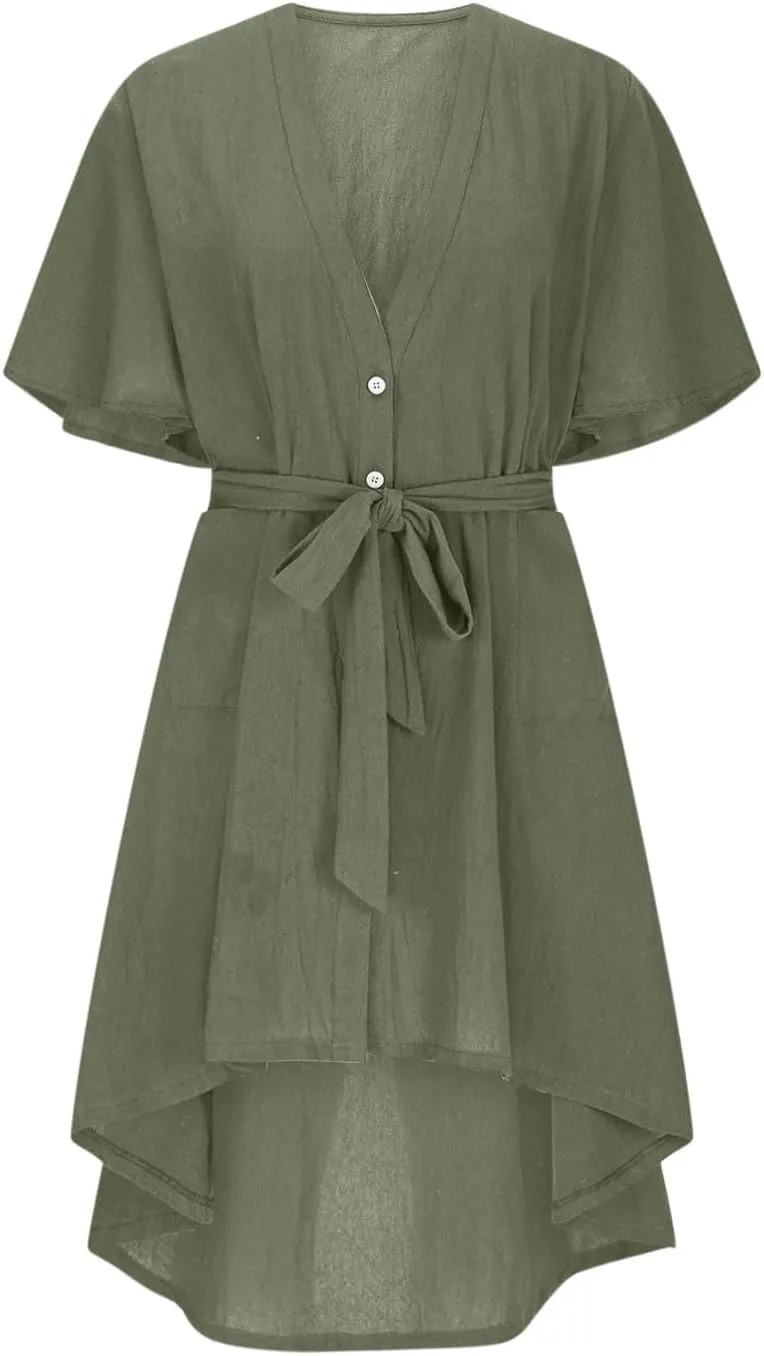 Womens Summer Button Down Shirt Dress Casual Floral Short Sleeve Sexy V Neck Midi Dress Tie Waist High Low Sundress
