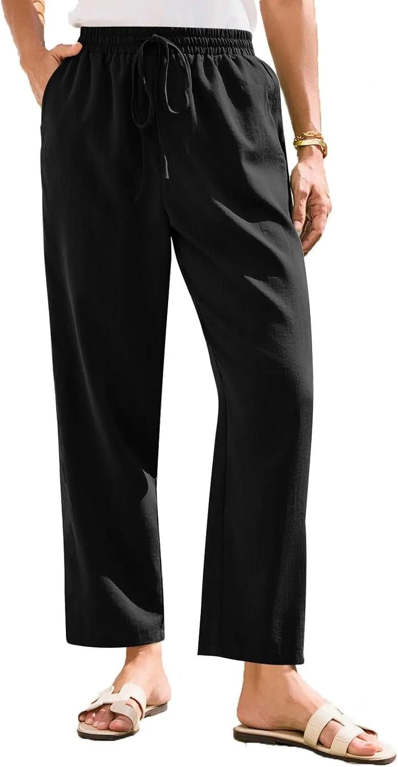 Womens Summer Casual Cotton and Linen High Waist Pants 2025 Fashion Drawstring Loose Fit Trousers with Pockets