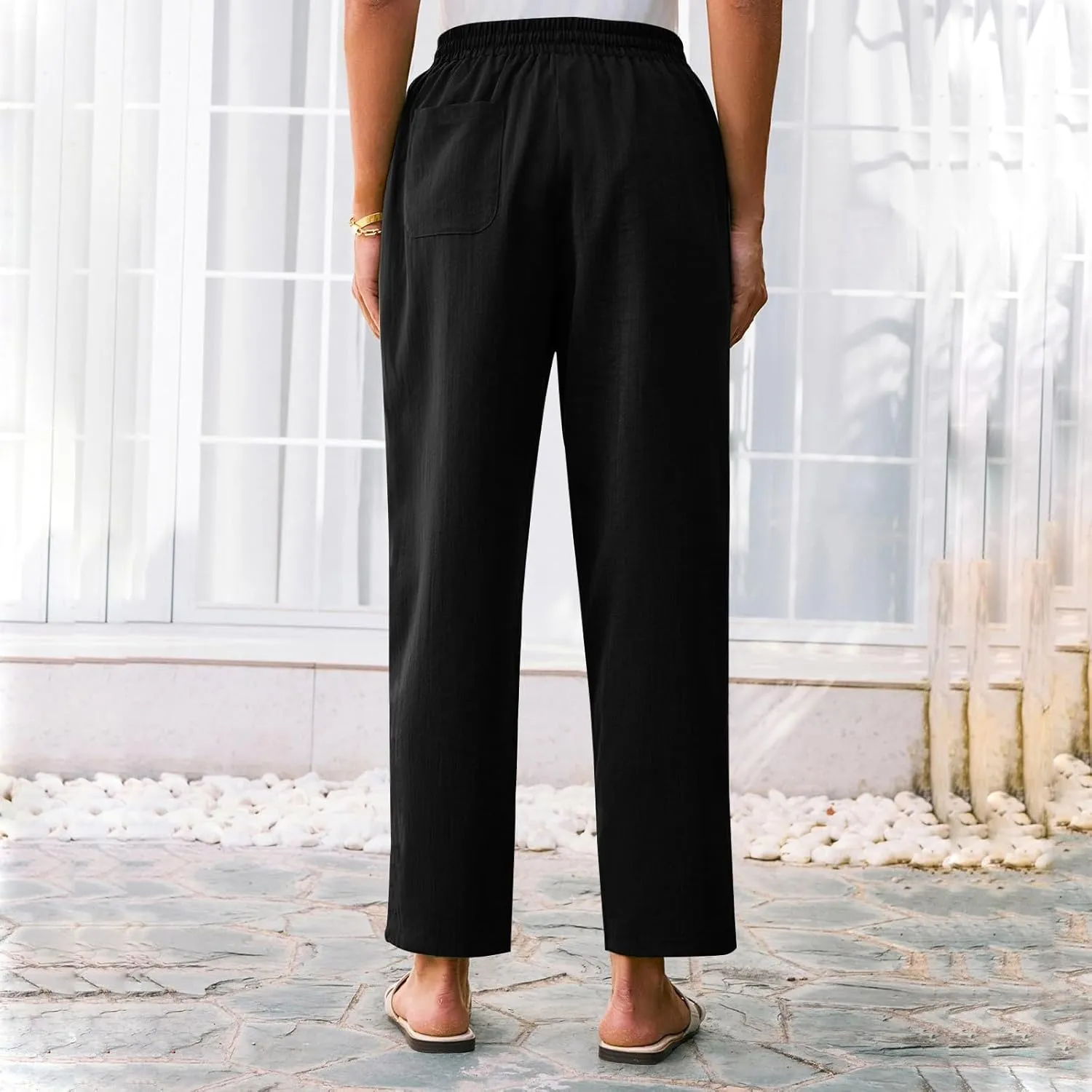 Womens Summer Casual Cotton and Linen High Waist Pants 2025 Fashion Drawstring Loose Fit Trousers with Pockets