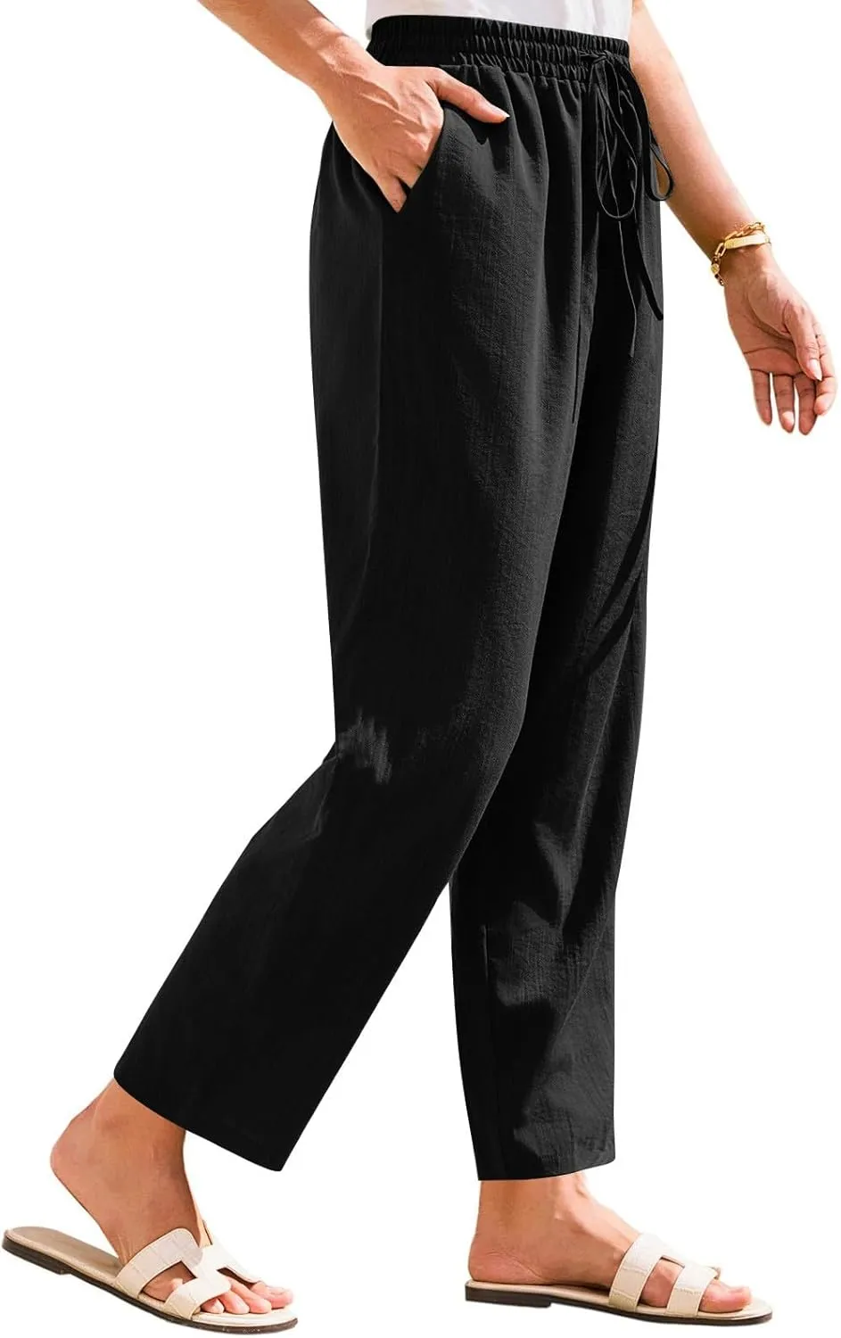 Womens Summer Casual Cotton and Linen High Waist Pants 2025 Fashion Drawstring Loose Fit Trousers with Pockets