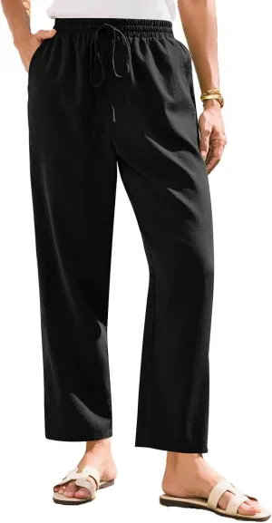 Womens Summer Casual Cotton and Linen High Waist Pants 2025 Fashion Drawstring Loose Fit Trousers with Pockets