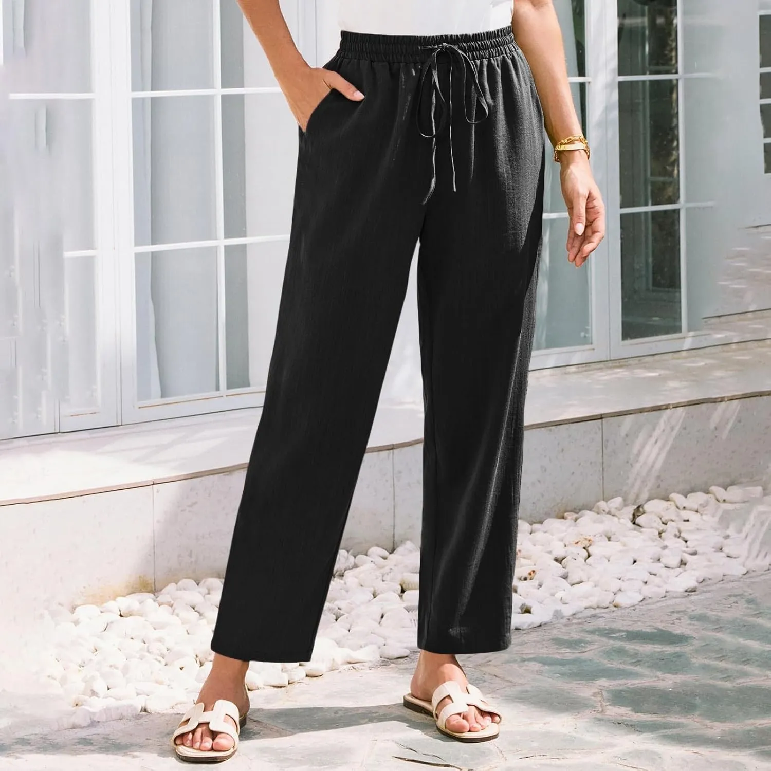 Womens Summer Casual Cotton and Linen High Waist Pants 2025 Fashion Drawstring Loose Fit Trousers with Pockets