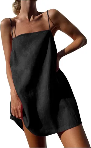Womens Summer Sleeveless Mini Dress Cotton Linen Spaghetti Strap Sundress Square Neck Solid Beach Camisole Dress