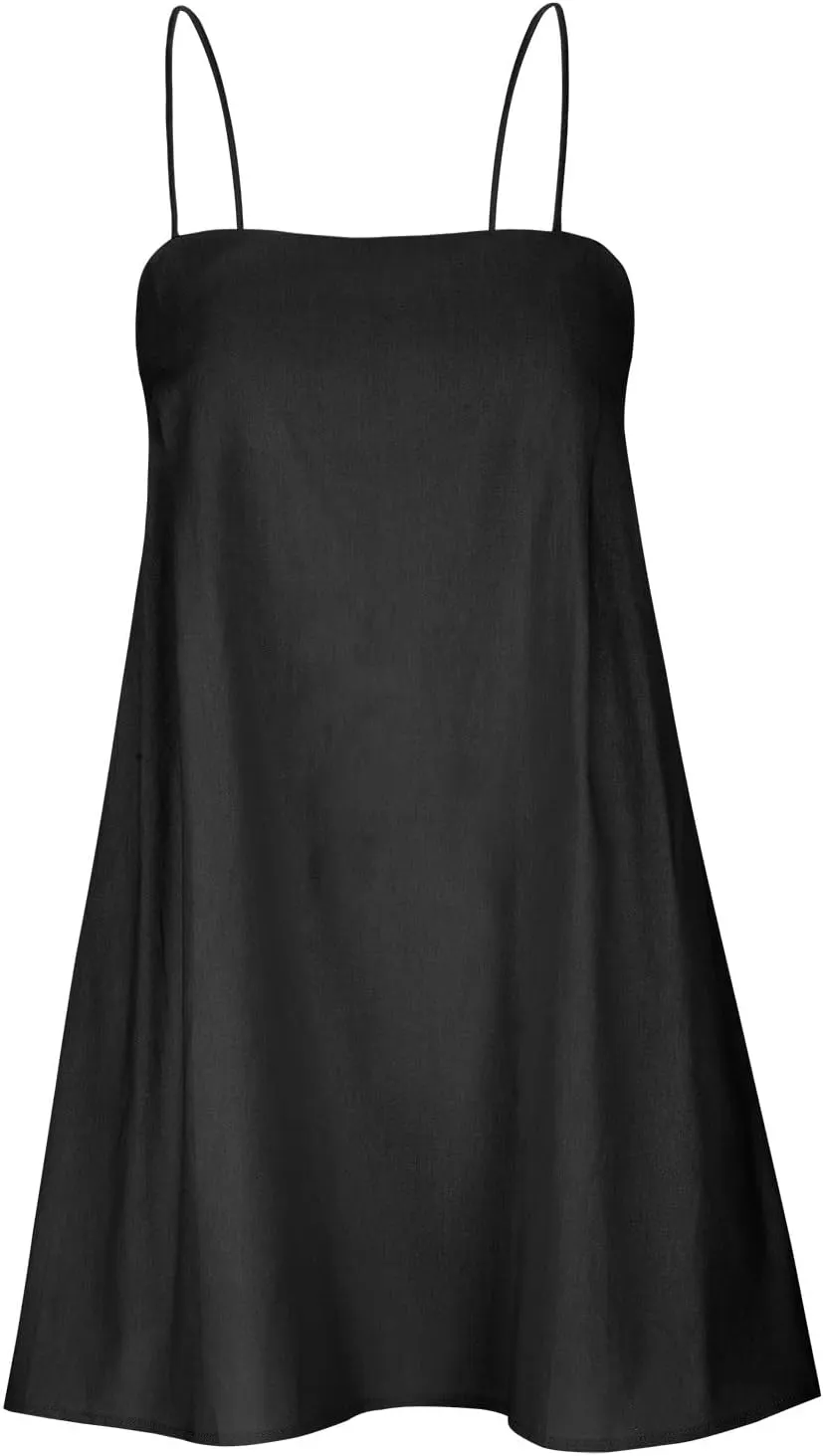 Womens Summer Sleeveless Mini Dress Cotton Linen Spaghetti Strap Sundress Square Neck Solid Beach Camisole Dress