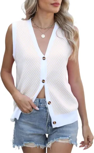 Womens Sweater Vest Summer Striped Cardigan Tops 2025 Sleeveless Button Down Casual Business Knit Outfits