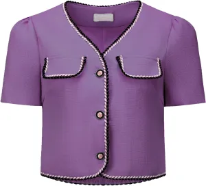 Women's Tweed Jacket Contrast Color Button Down Short Sleeve Work Office Blazer