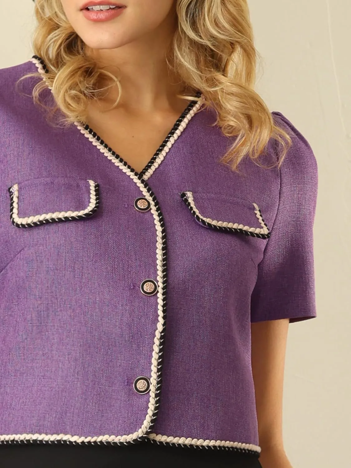 Women's Tweed Jacket Contrast Color Button Down Short Sleeve Work Office Blazer