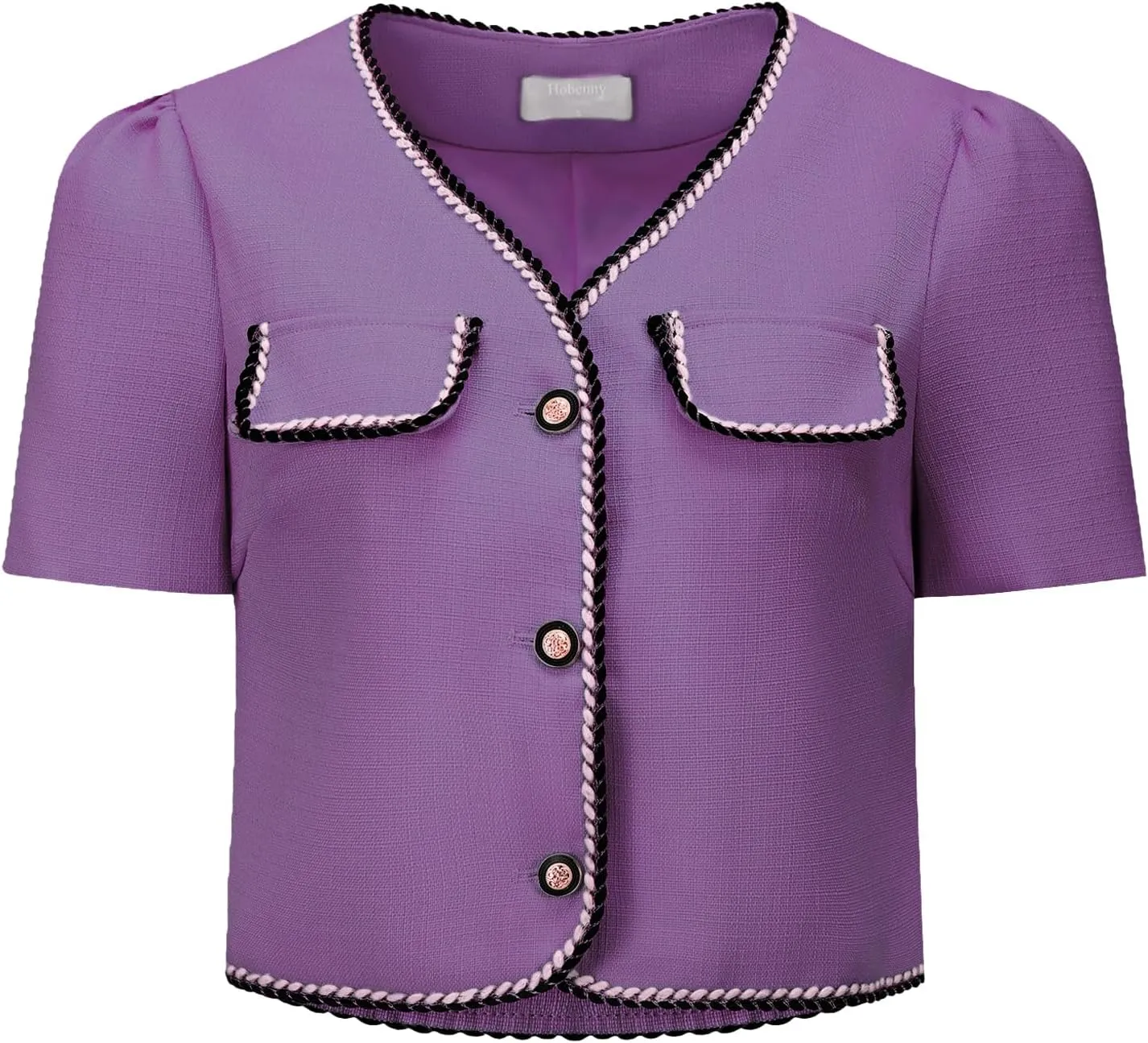 Women's Tweed Jacket Contrast Color Button Down Short Sleeve Work Office Blazer