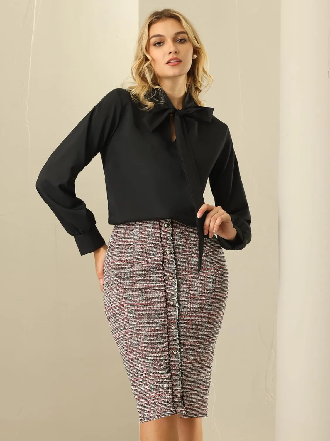 Women's Tweed Pencil Skirts Knee Length Elegant Plaid Skirt