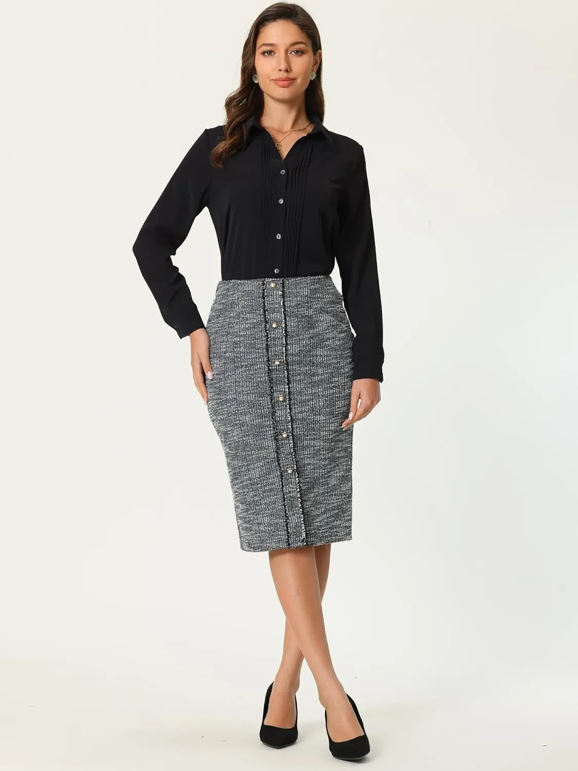 Women's Tweed Pencil Skirts Knee Length Elegant Plaid Skirt