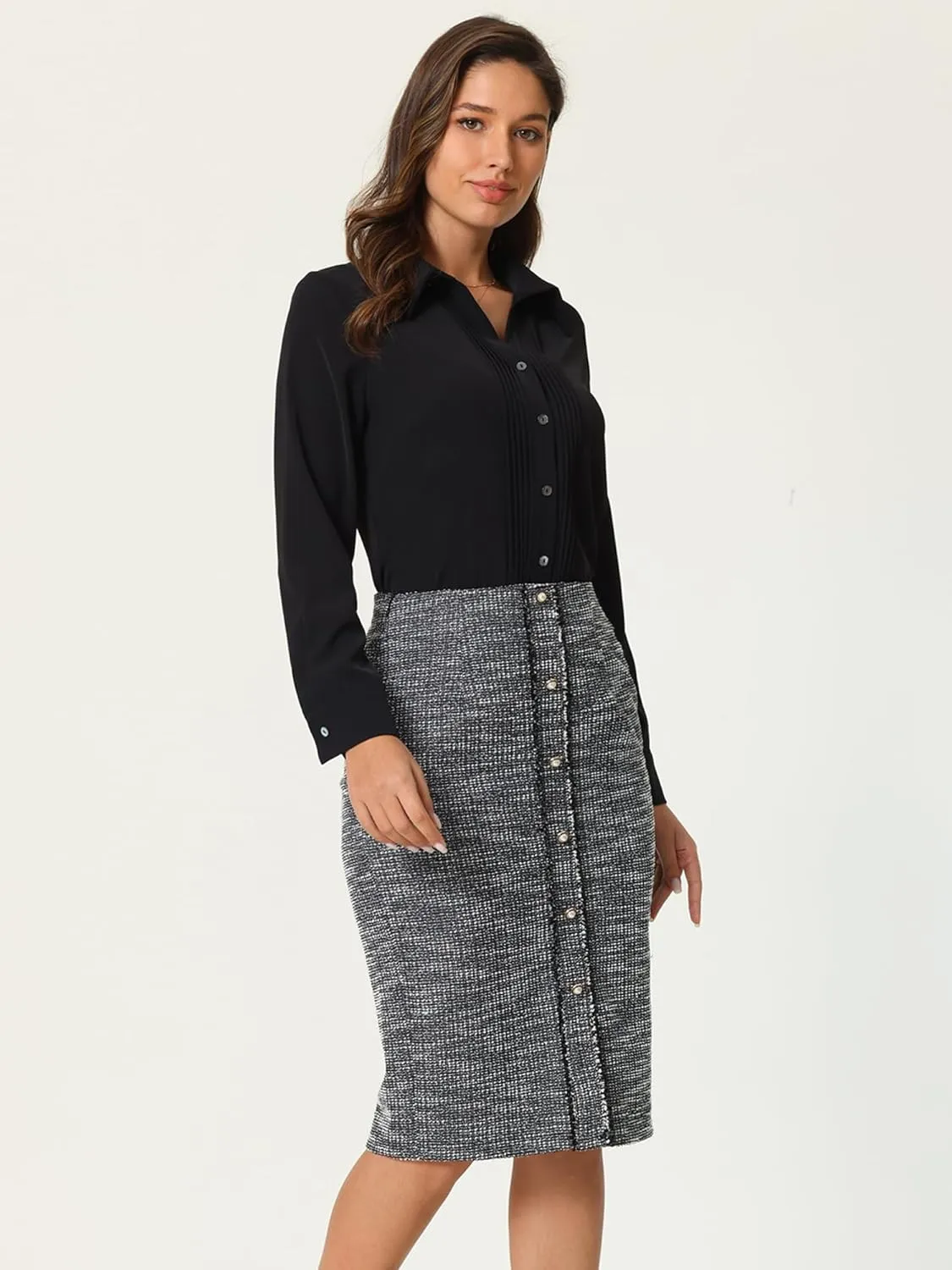Women's Tweed Pencil Skirts Knee Length Elegant Plaid Skirt