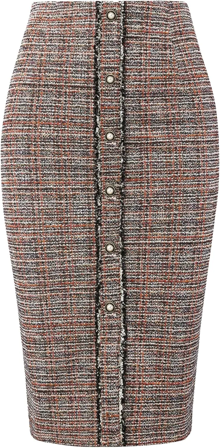 Women's Tweed Pencil Skirts Knee Length Elegant Plaid Skirt