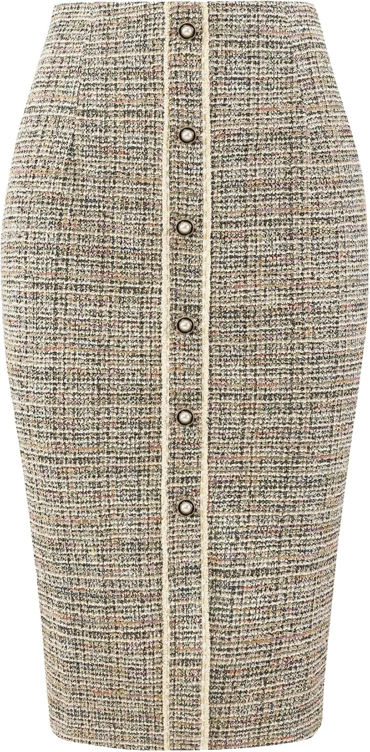 Women's Tweed Pencil Skirts Knee Length Elegant Plaid Skirt